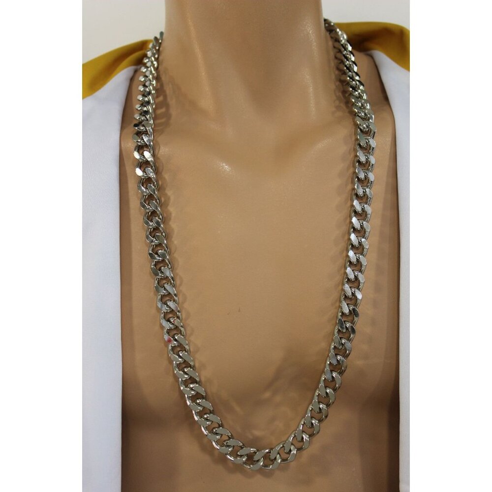 Men Necklace Silver Metal Biker Chain Links Fashion Hip Hop Chunky Heavy Strong